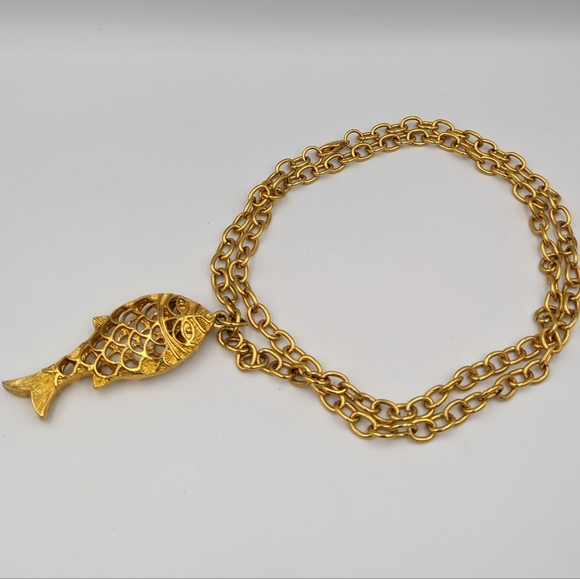 Statement Gold Tone Mid-Century Modern Fish Pendant 2.5" on a Long Chain 32' - Picture 2 of 10